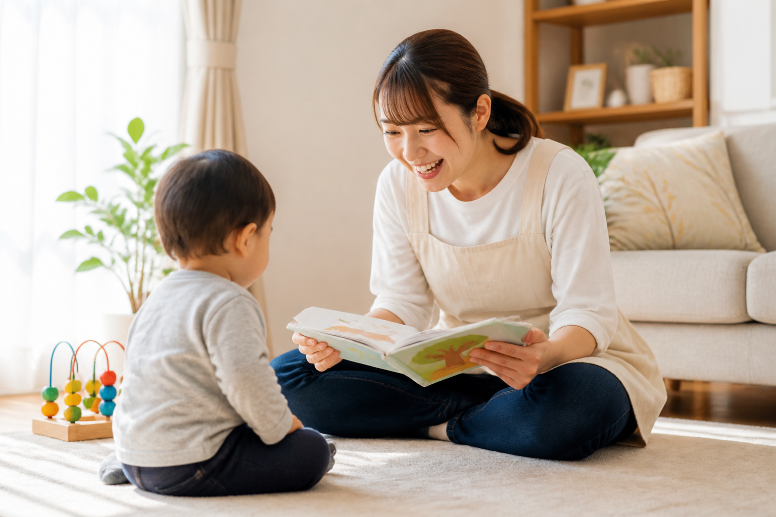 子どもに絵本を読むベビーシッターの仕事風景
